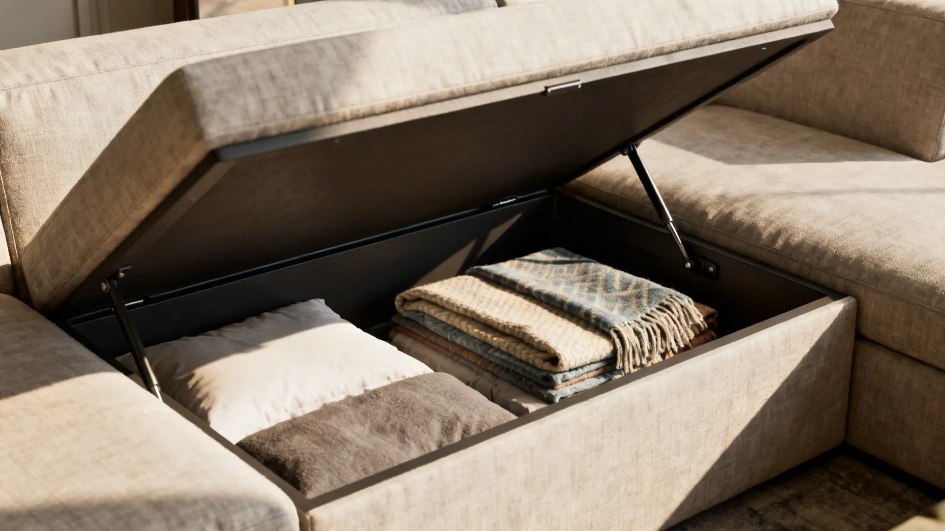 Close-up of an L-sofa seat lifting to reveal built-in storage with neatly stored bedding and throws.