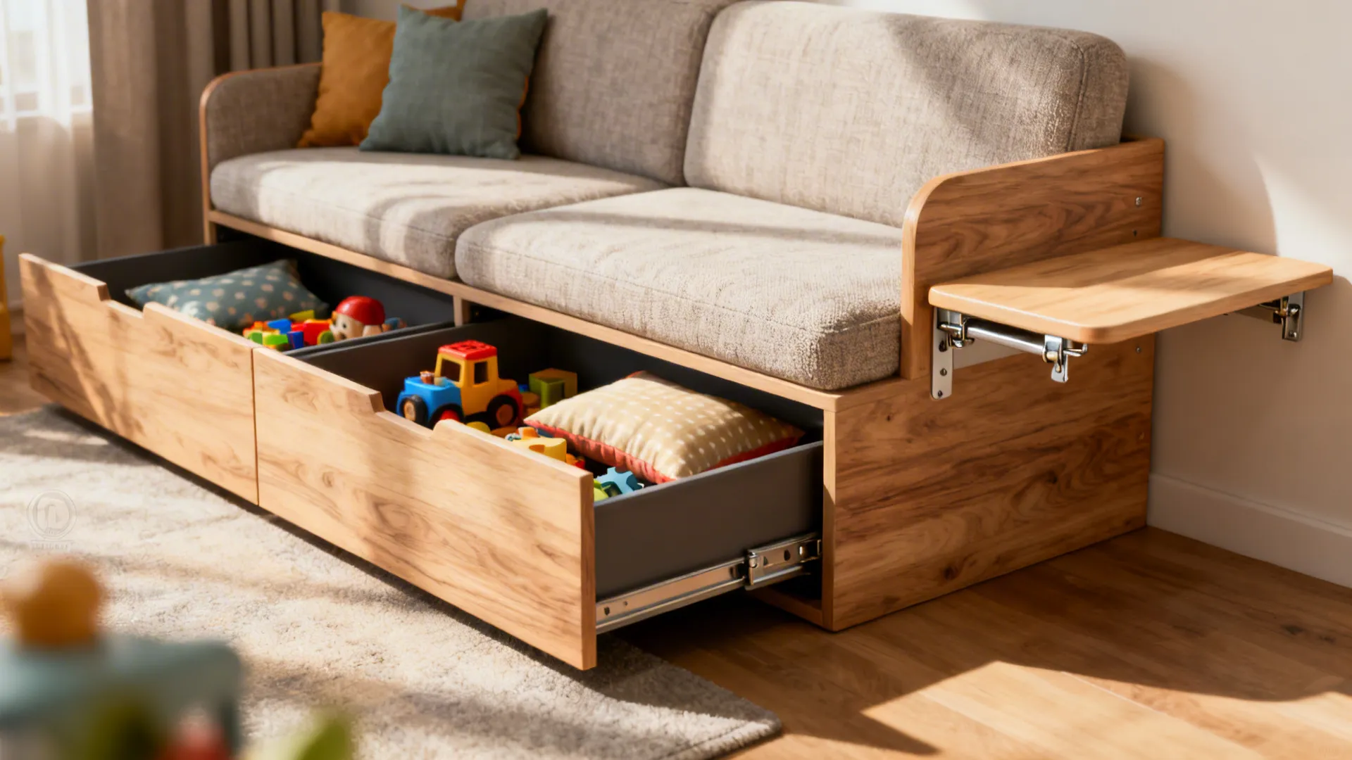 1. Sofa with built-in storage and a fold-down play table