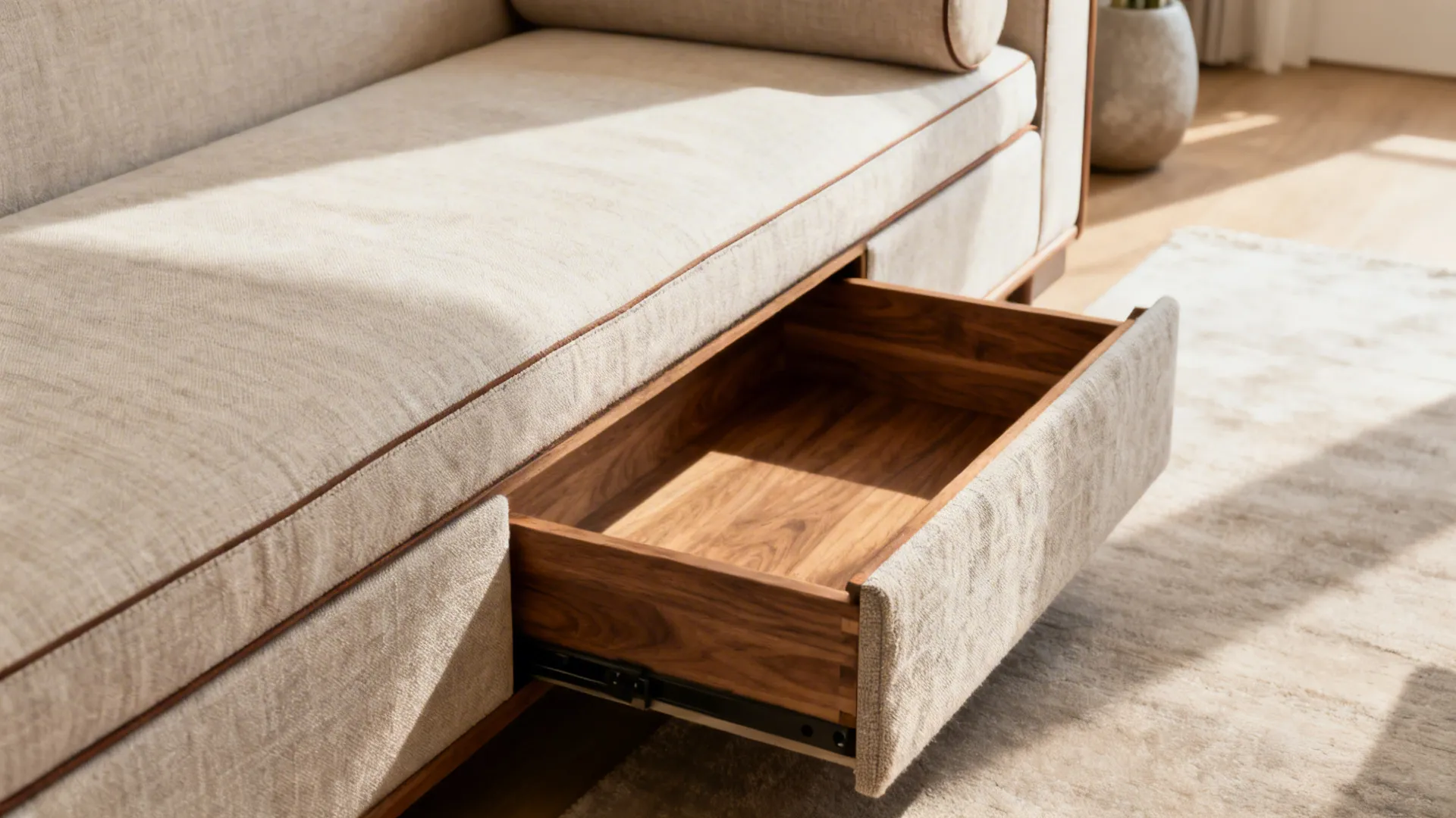 Slim chaise with hidden storage drawers open showing fabric and wood details