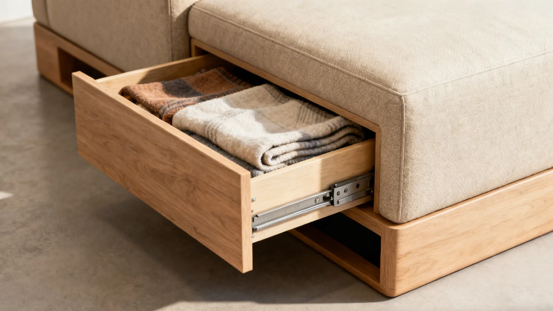 Close-up of a sofa with under-seat drawers open, showing storage for blankets.