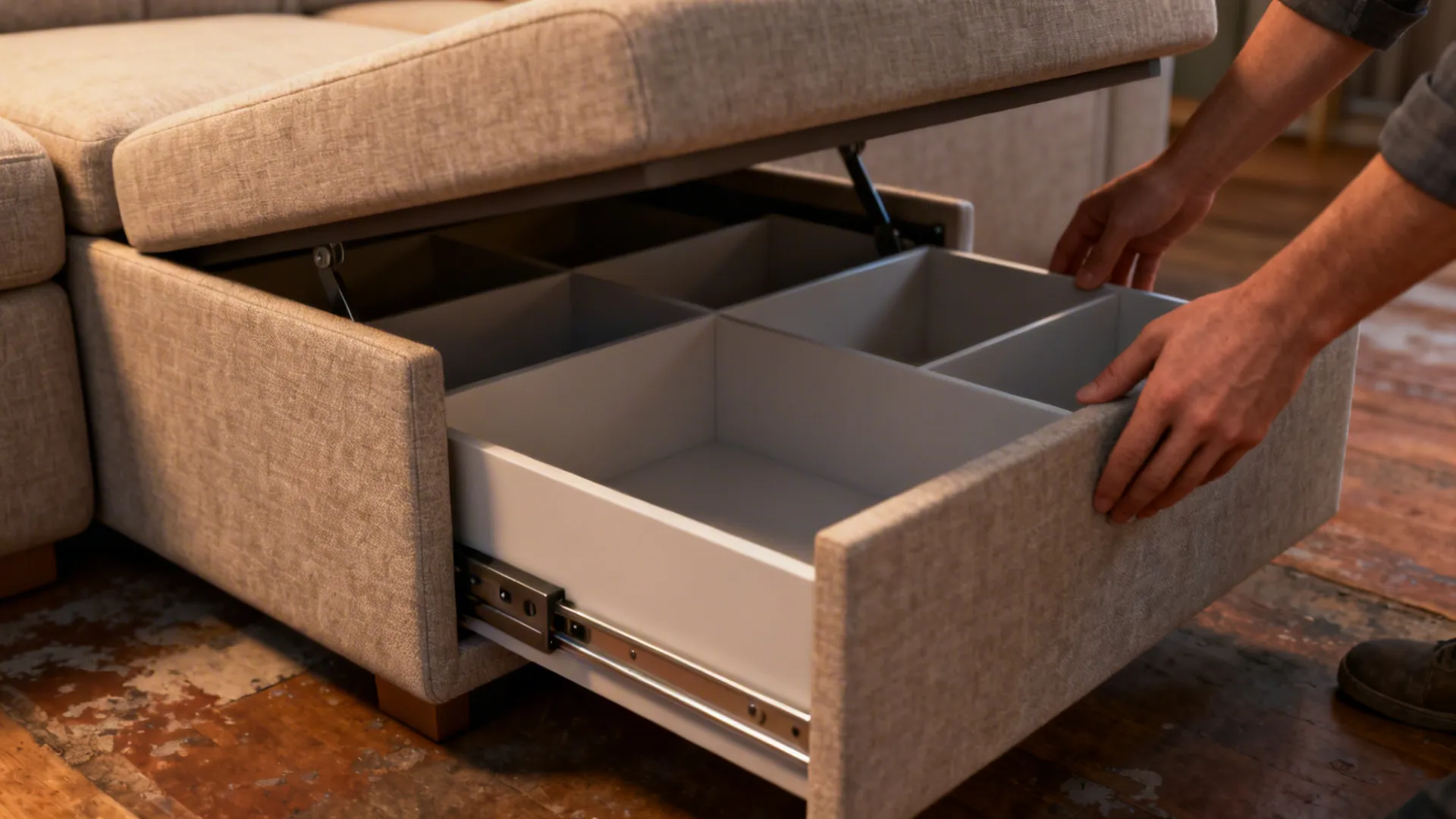 Close-up of a sofa with a pull-out storage drawer showing mechanism and interior