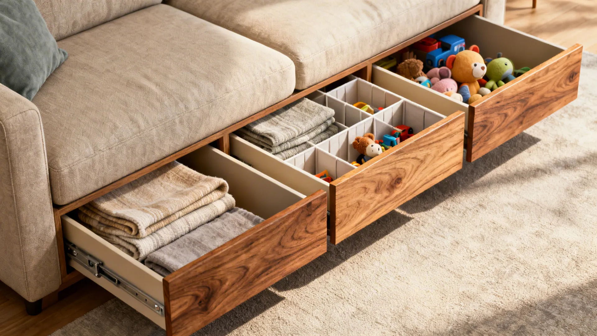 Sofa with under-seat drawers open showing neatly organized throws and toys with wooden fronts.