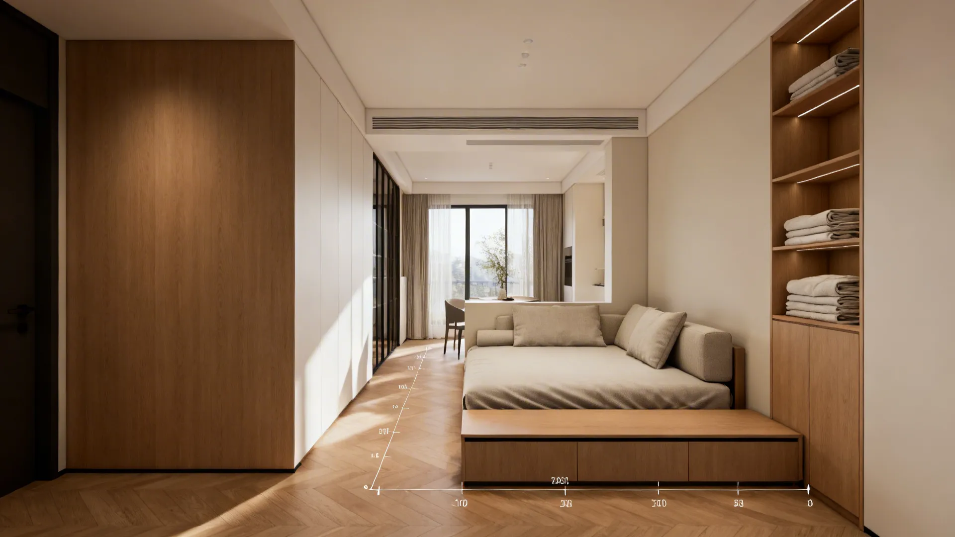 Interior design drawing of a modern small room with wood cabinets, sofa bed, and measurements