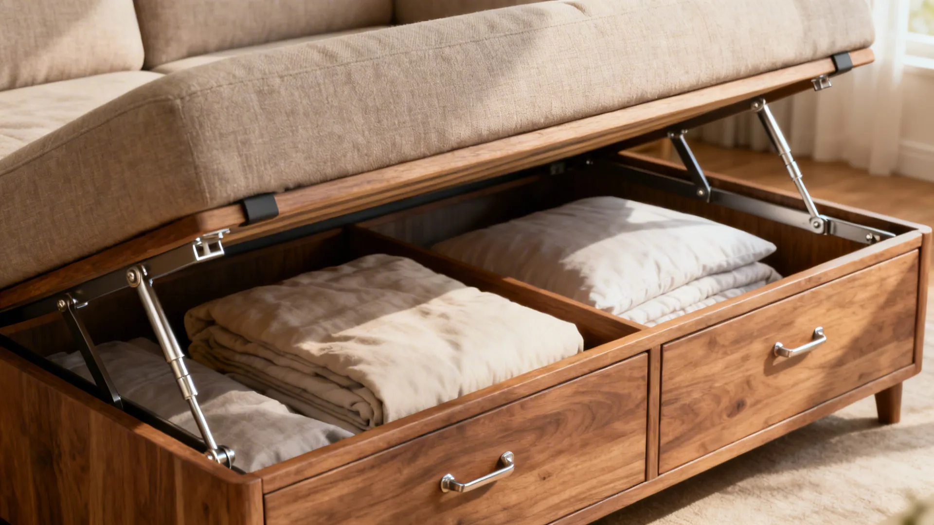 Sofa bed with lift-up storage base showing bedding stored neatly inside