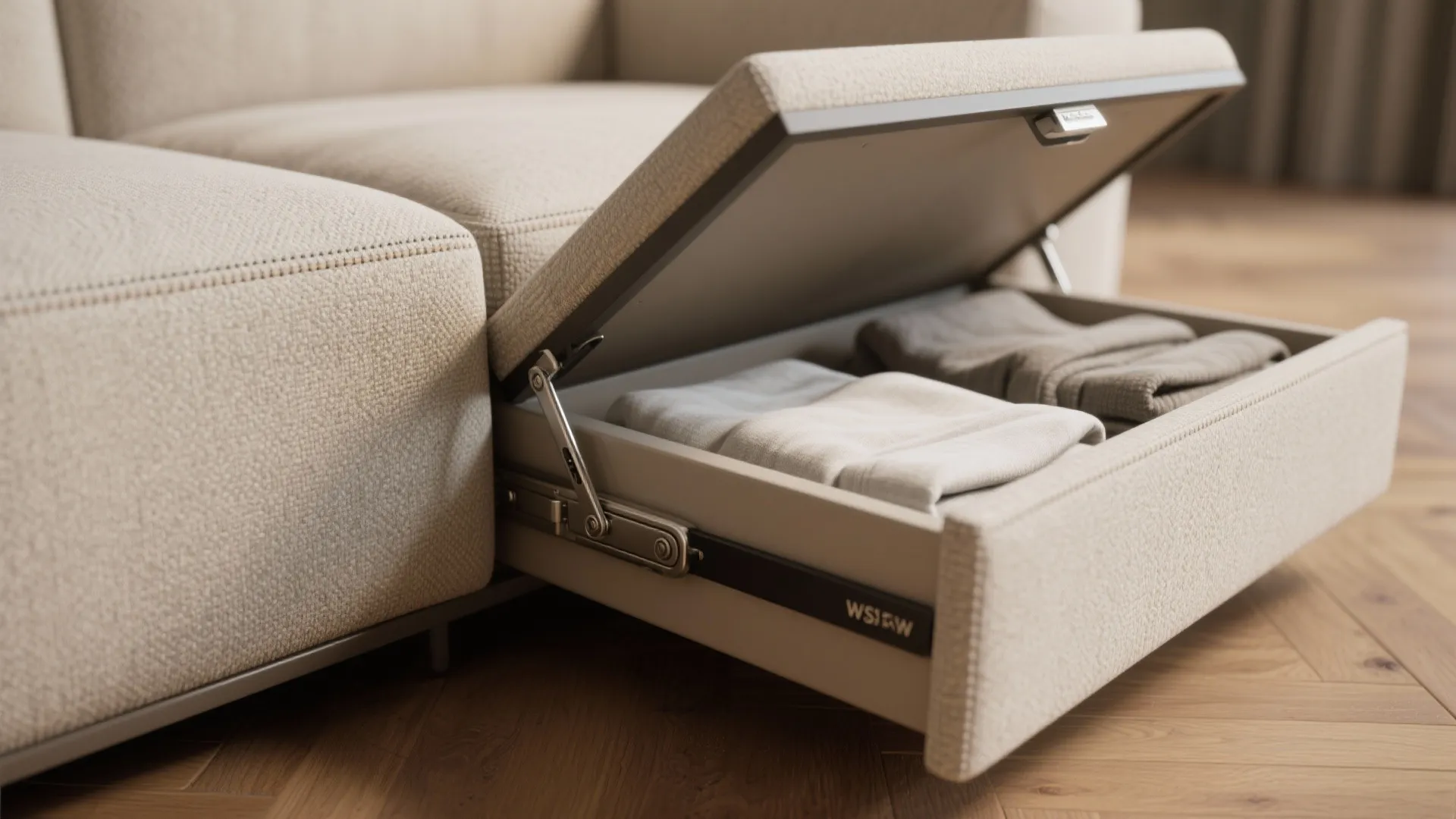 Macro detail of a sofa’s lift-up storage hinge with neatly folded blankets inside.