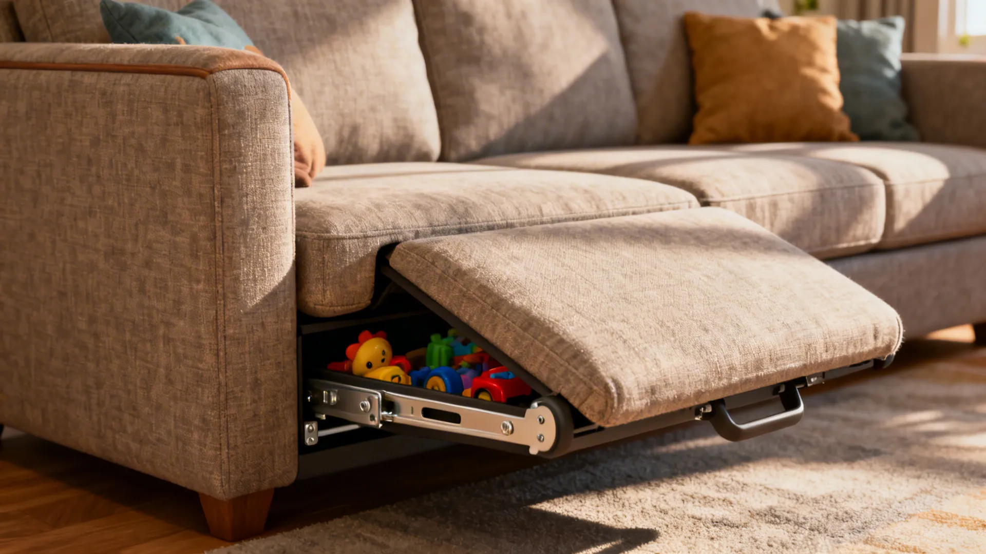 Close-up of sofa showing under-seat storage with toys and the reclining end mechanism.