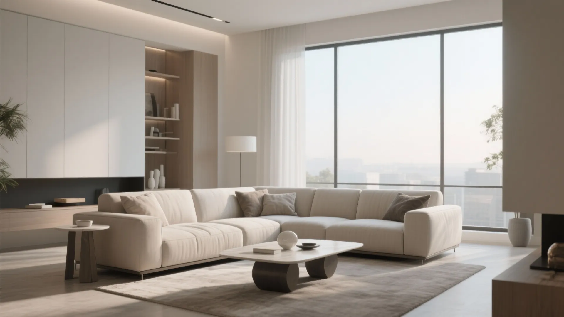 Modern cream sofa in a bright living room with large windows and minimalist wood furniture