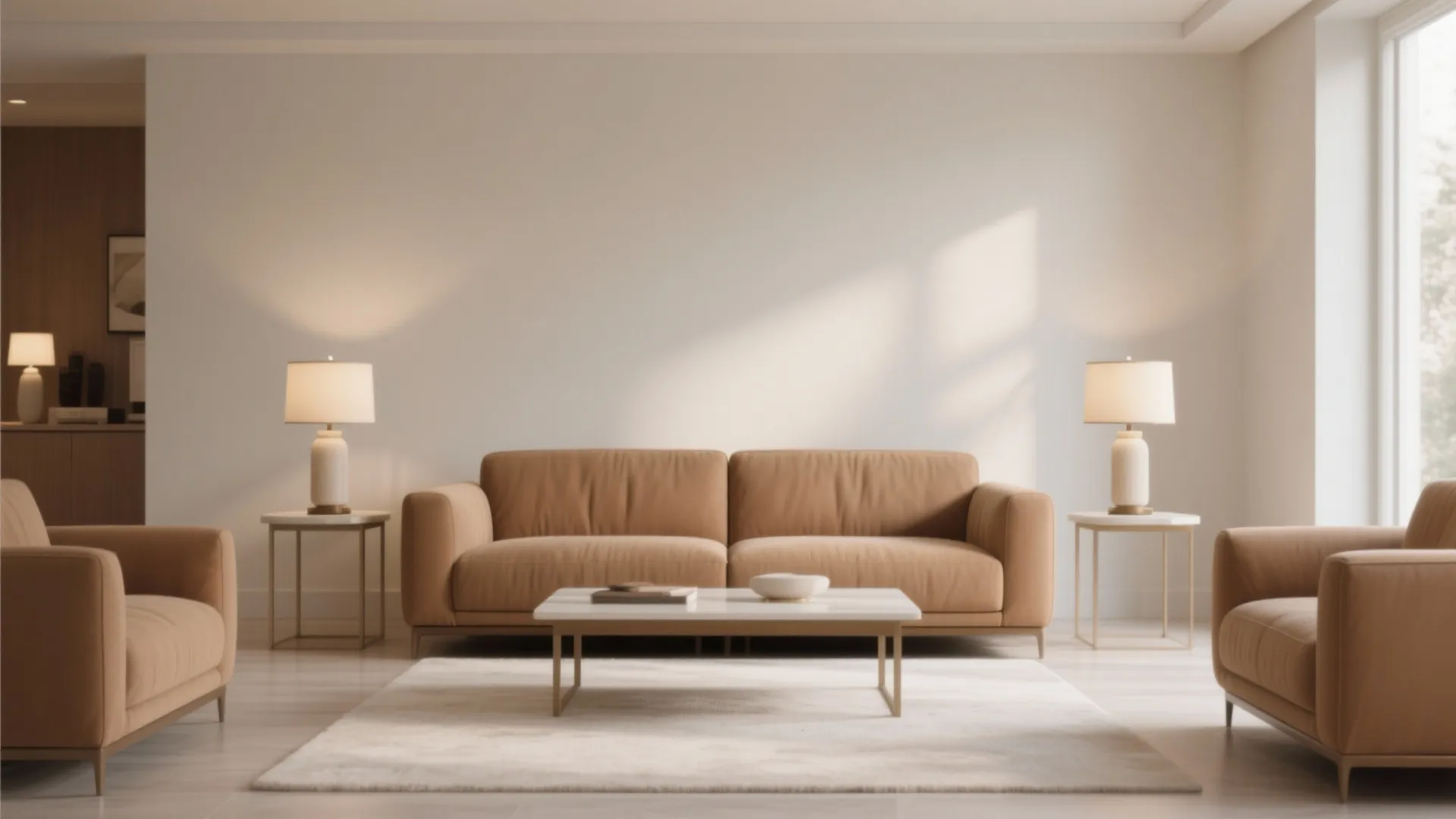 Symmetrical living room design with brown sofa two side tables and matching white table lamps