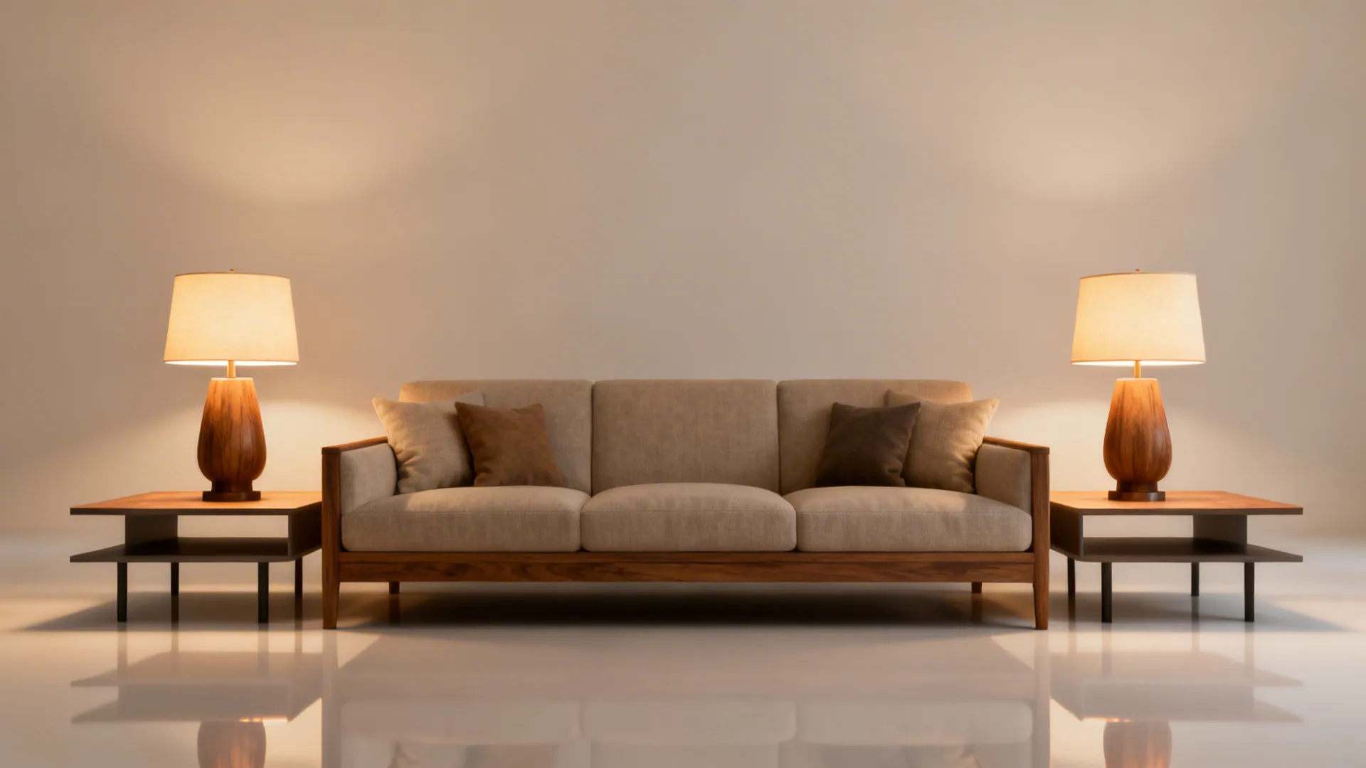Sofa with matching table lamps on each side creating balanced lighting and symmetry.