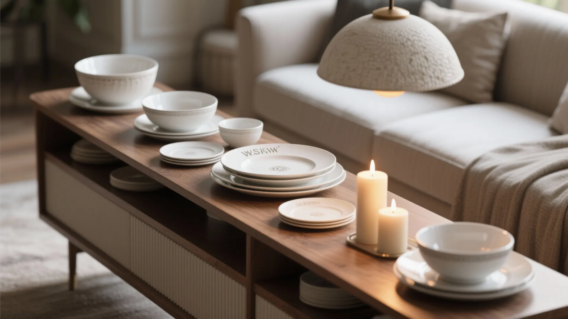 4. Sofa table or slim sideboard as a serving station