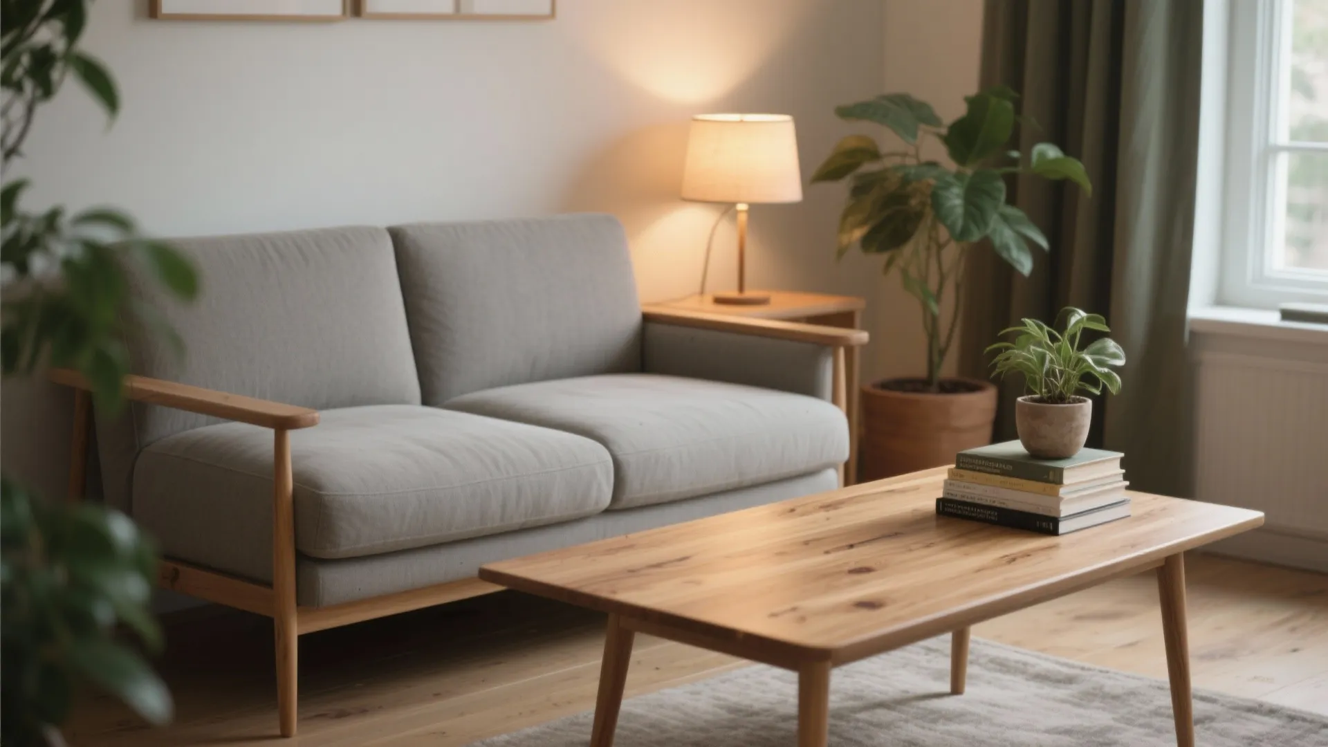 Grey sofa and wooden coffee table in a living room with green plants and warm lighting