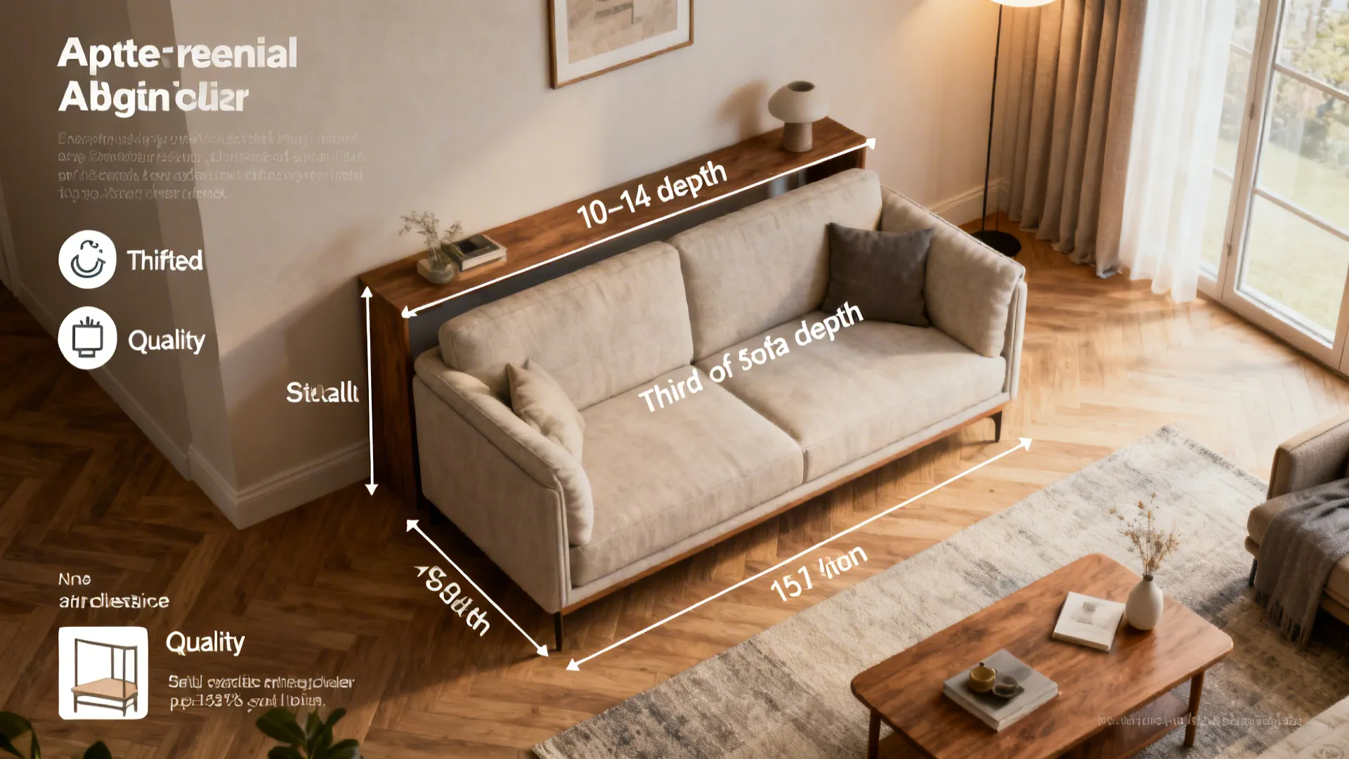 Top-down room plan showing sofa table depth and walkway clearance guidelines for small living rooms.