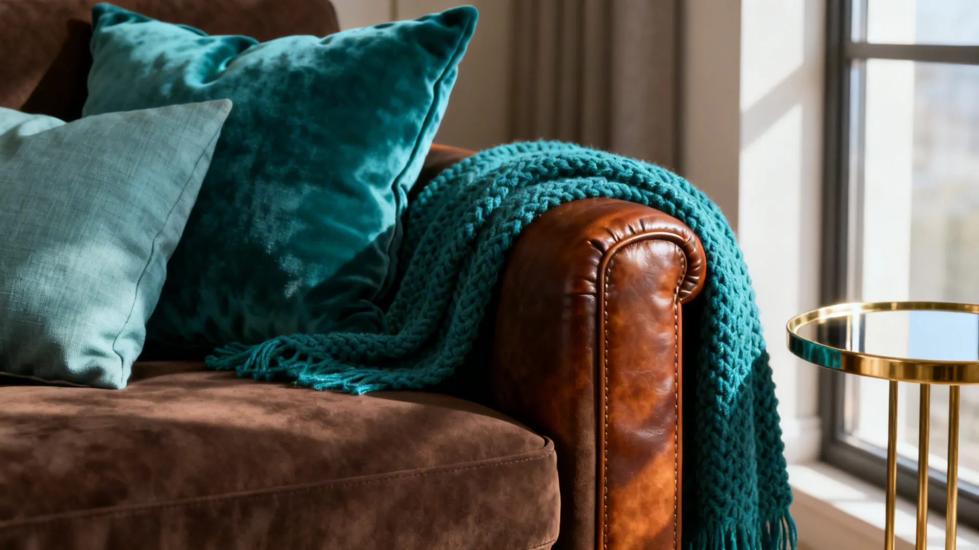 Brown leather sofa with teal pillows and knitted blanket sitting next to a gold side table