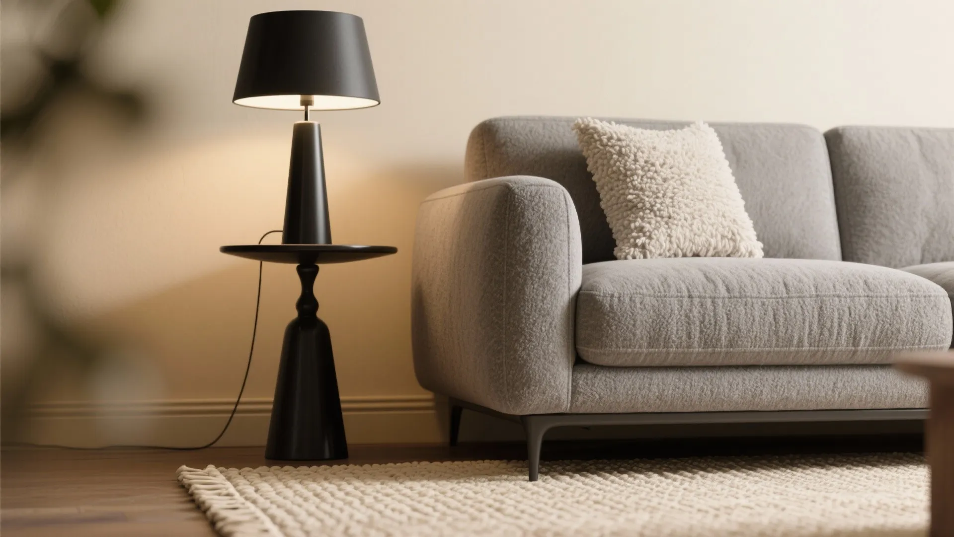 1. Cream Walls, Grey Sofa, Black Accents