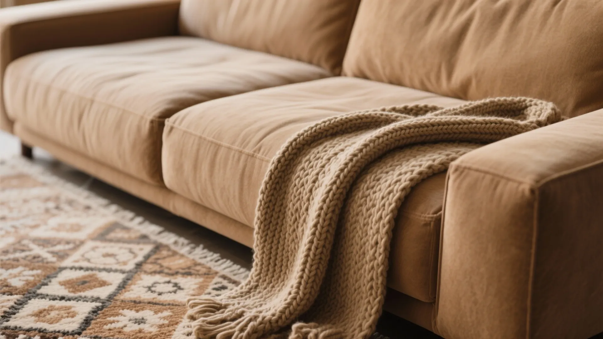 Close up of a brown fabric sofa with a thick knitted blanket and patterned rug