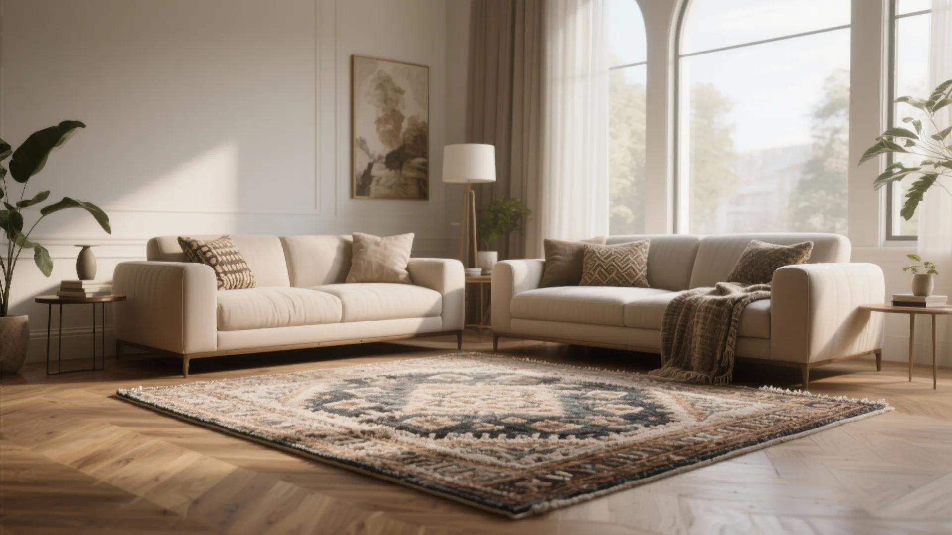 Two cream sofas on patterned rug in bright living room with large white arched window