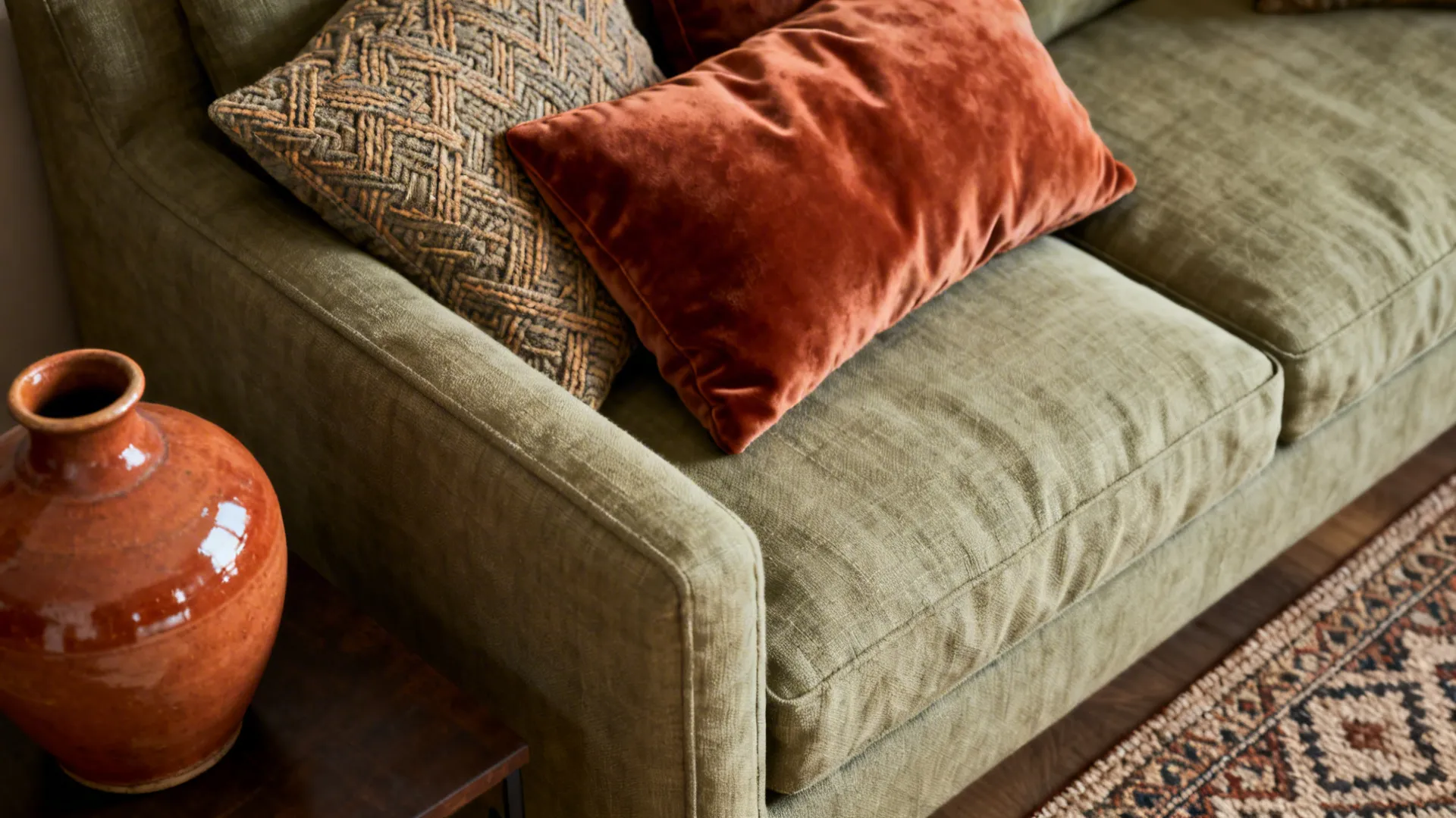 Close-up of sage linen sofa with terracotta velvet cushion and terracotta vase showing textures.
