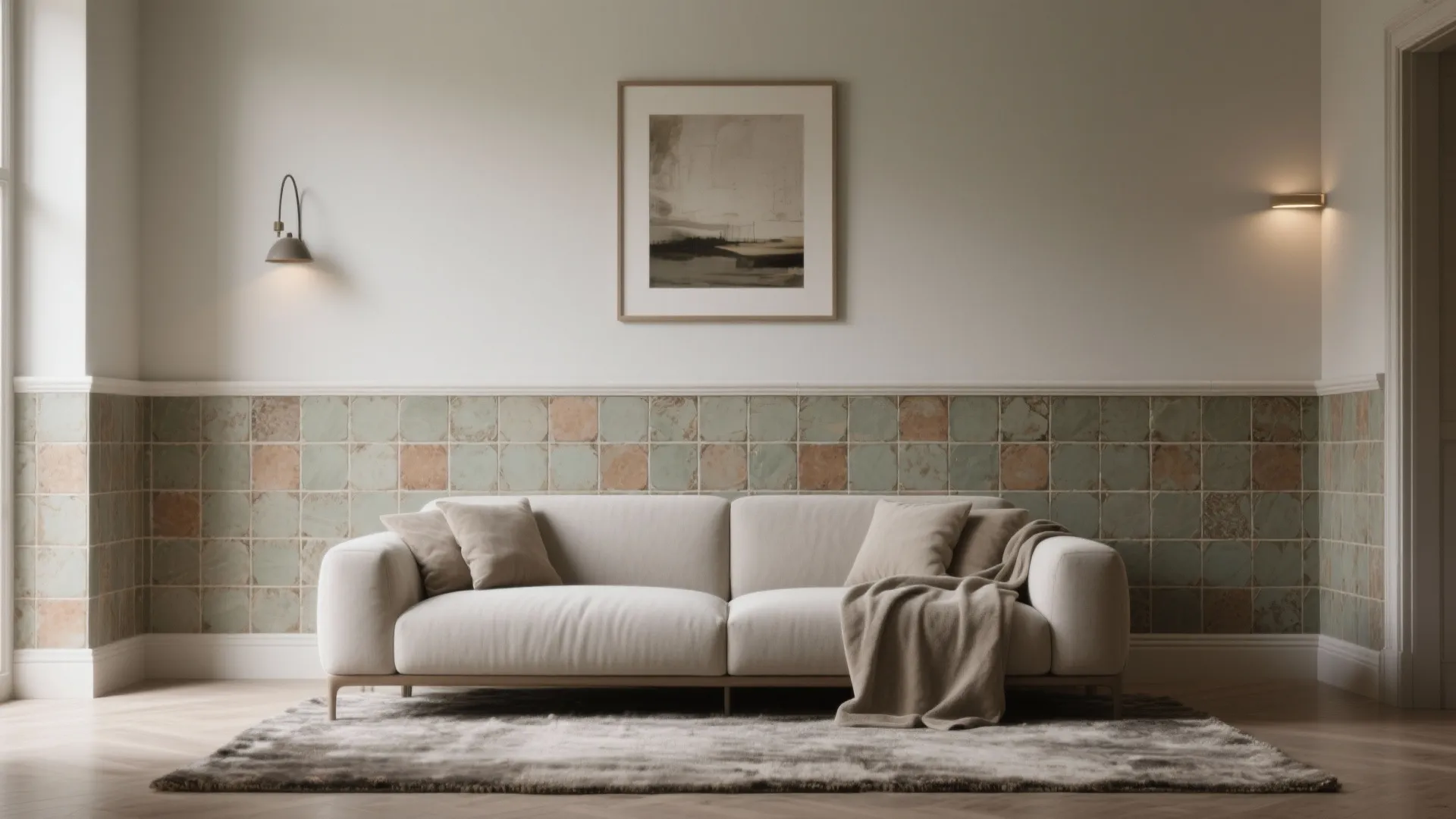 Textured half-wall tiles behind the sofa