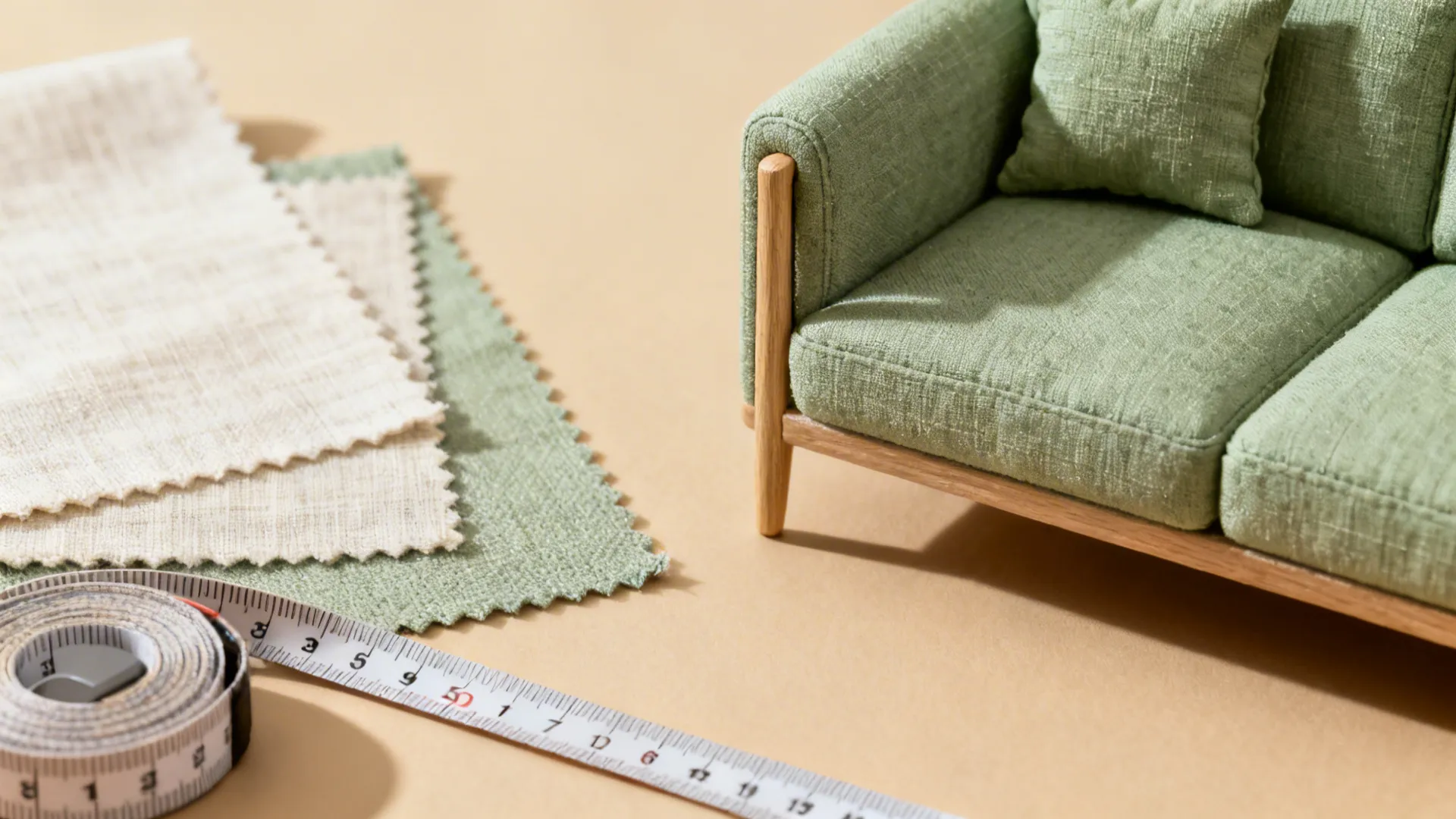Fabric swatches, scaled cushions and a measuring tape illustrating small-sofa tips
