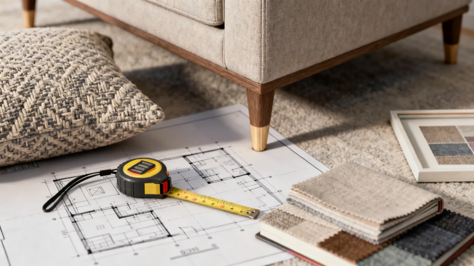 Close-up of measurement tape, fabric swatches and a throw pillow highlighting small-sofa tips.