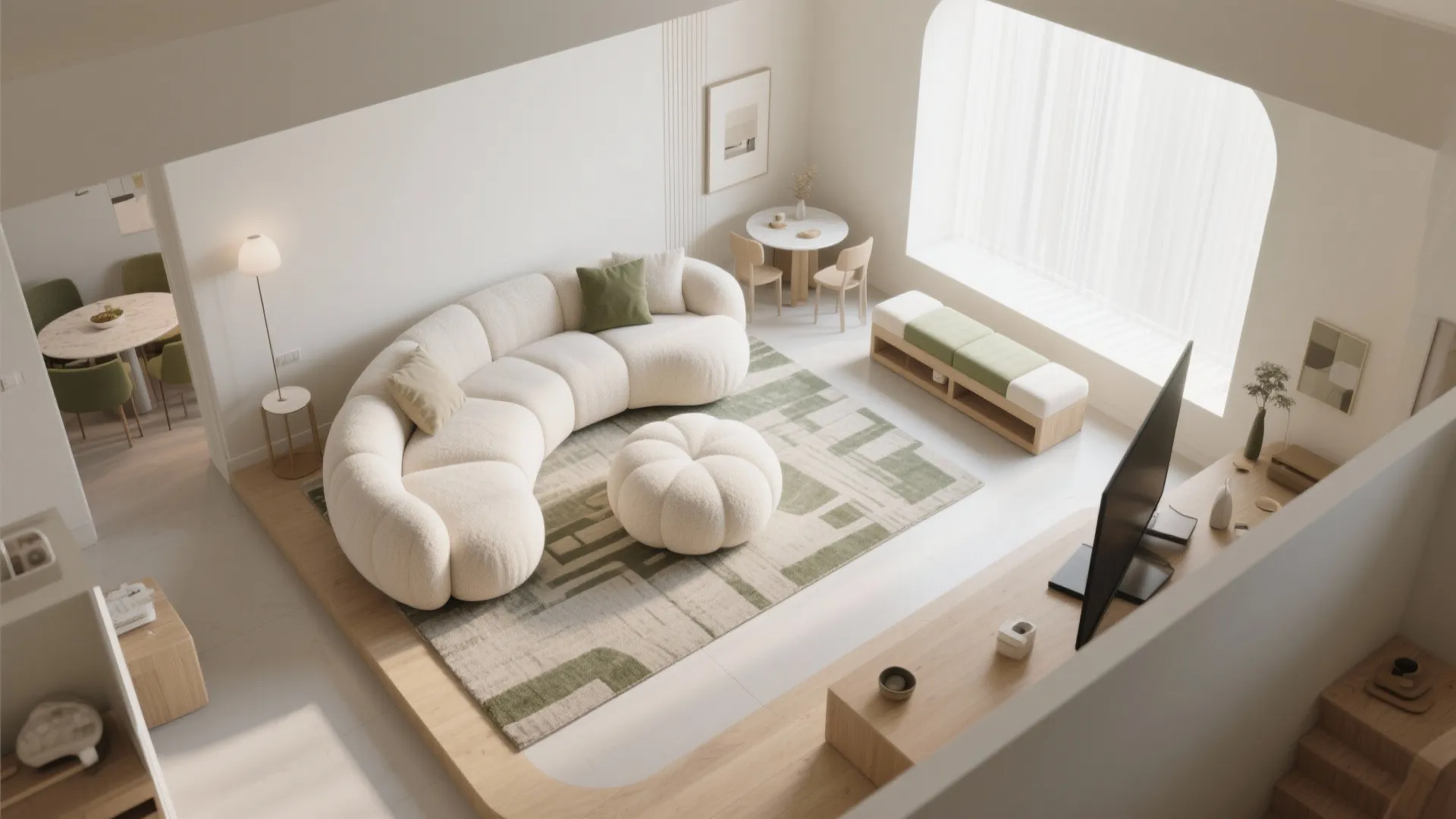 Modern living room layout with white curved sofa footrest green rug wood floor and television