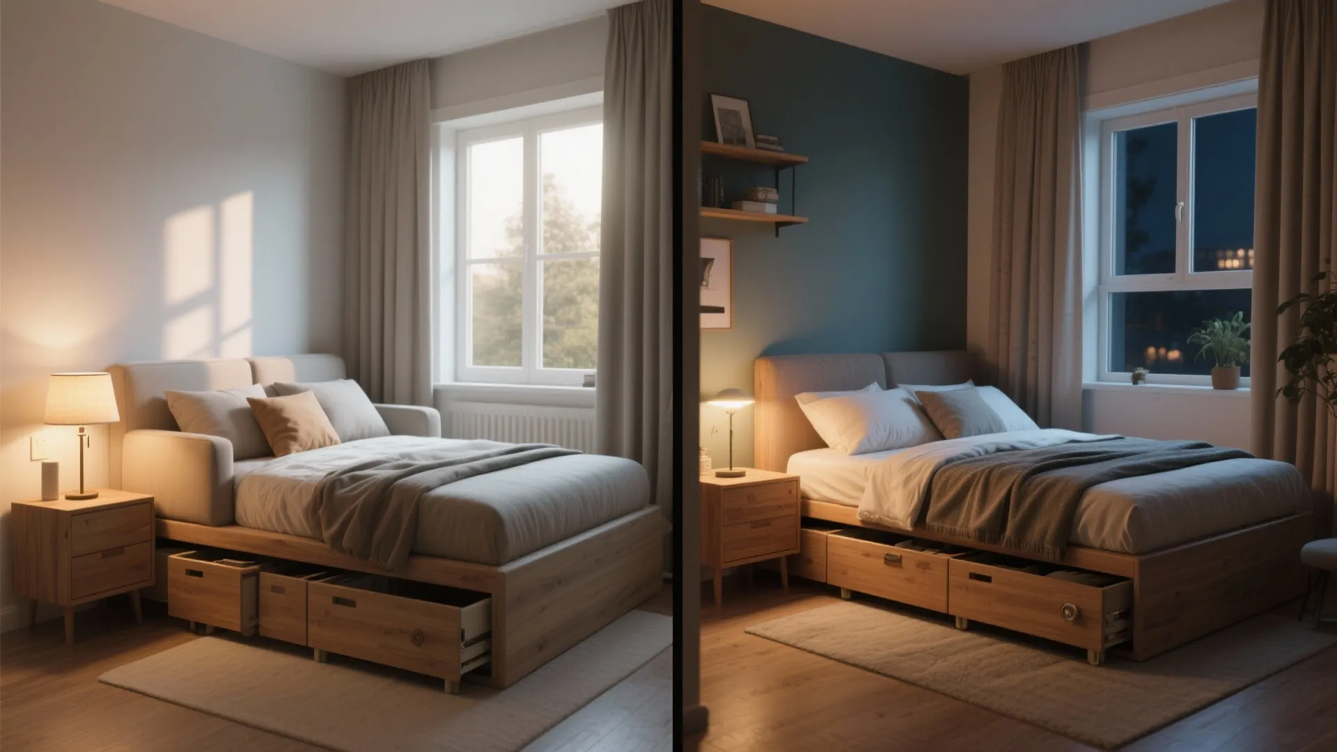 Modern wood bed with storage drawers shown in both daytime and nighttime bedroom lighting settings