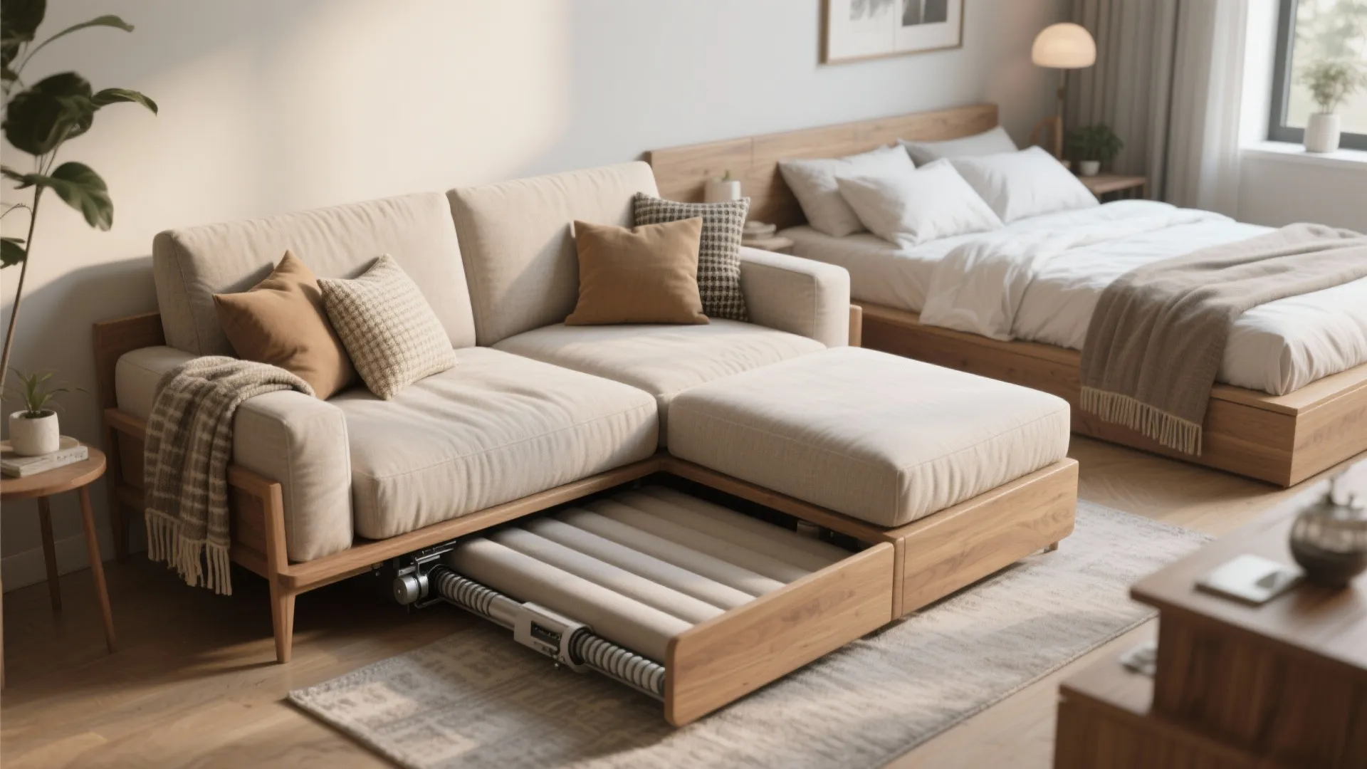 Cream fabric sofa in a studio apartment with a pull out guest bed hidden underneath frame