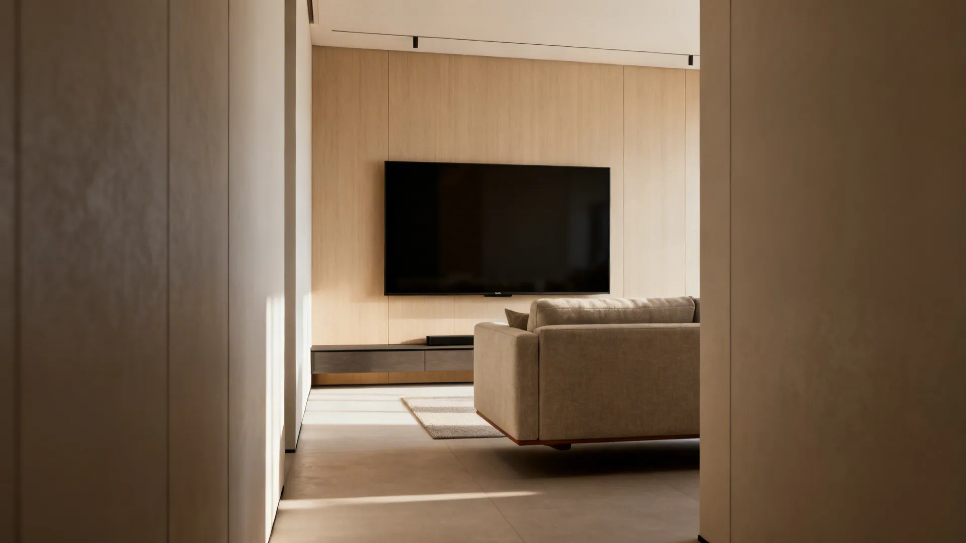 Sofa floated from media wall with 65-inch TV showing ideal sightline and clear pathway