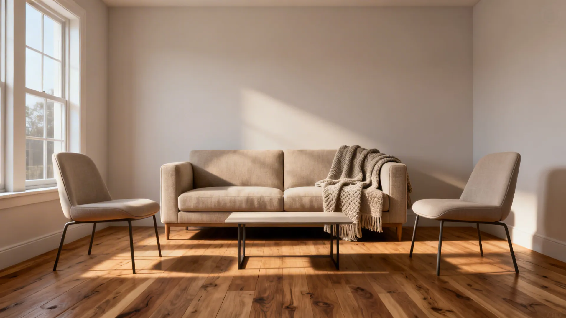Living room with a modest sofa and two lightweight accent chairs arranged for conversation