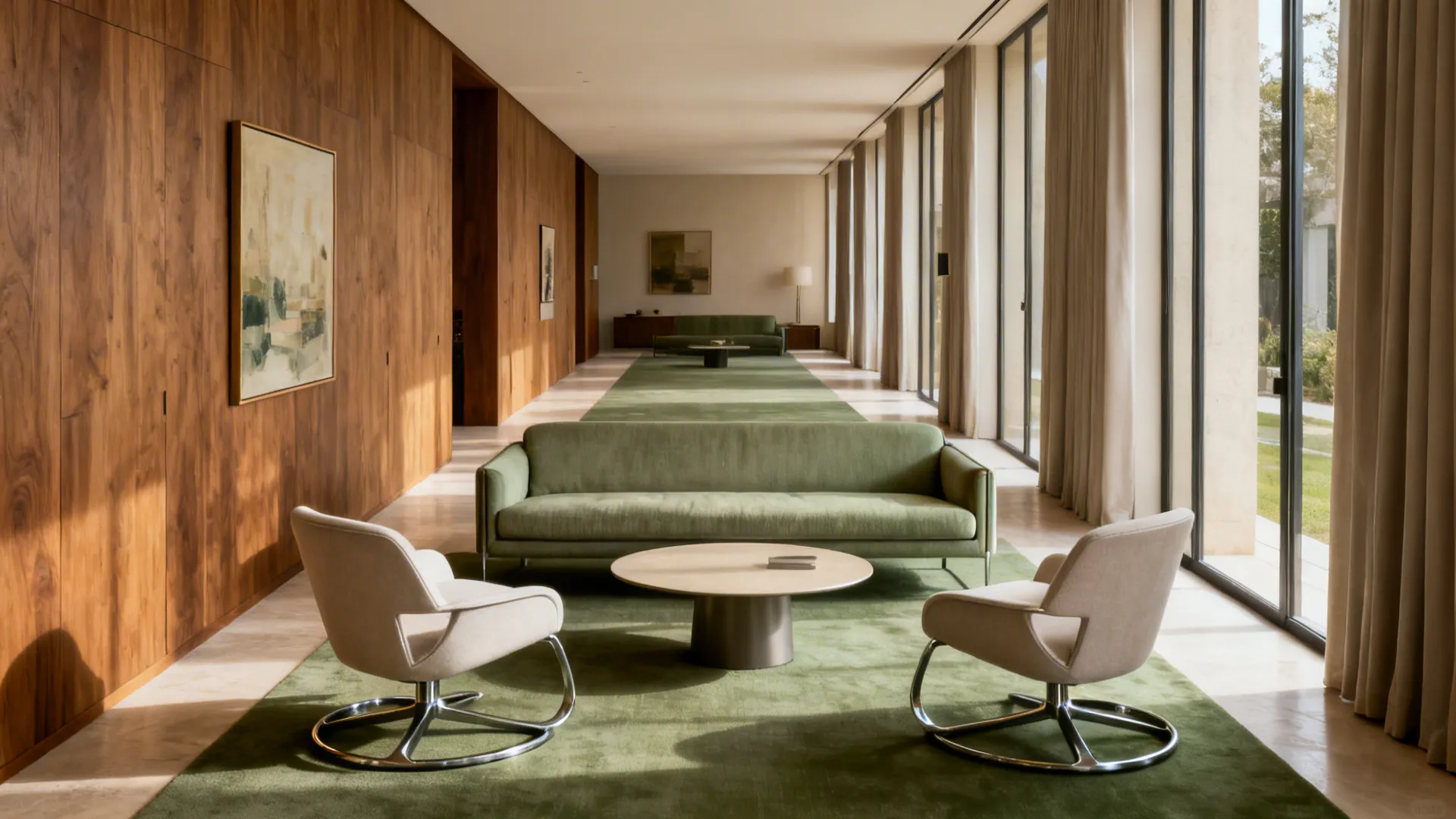 Narrow living room with a slim sofa facing two light swivel chairs and a round coffee table.