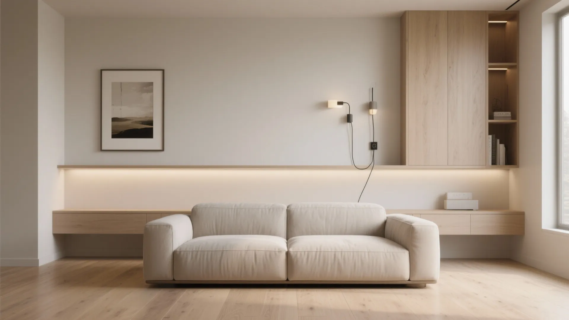 Minimalist living room featuring cream sofa wooden wall panel wood cabinet and warm light fixture
