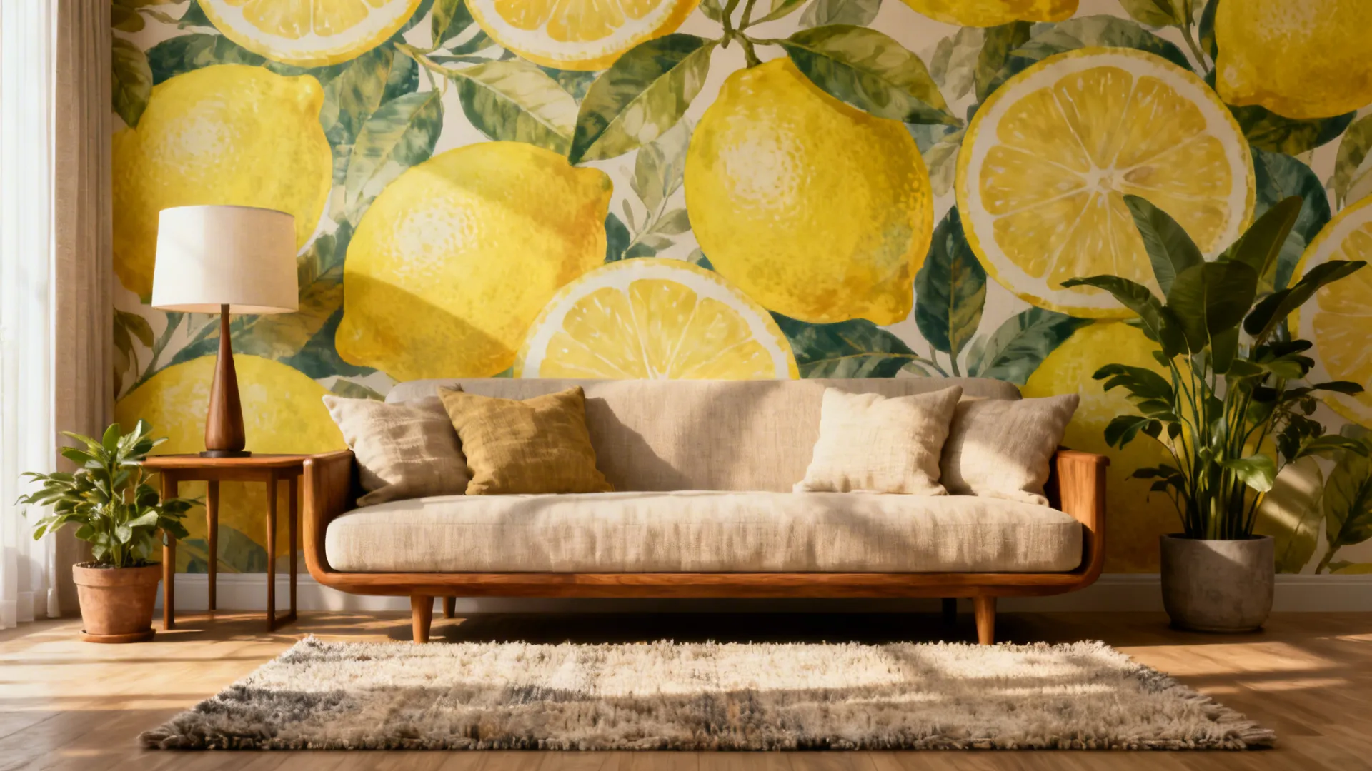Living room with a beige sofa, bright lemon pattern wallpaper, floor lamp, and potted plants