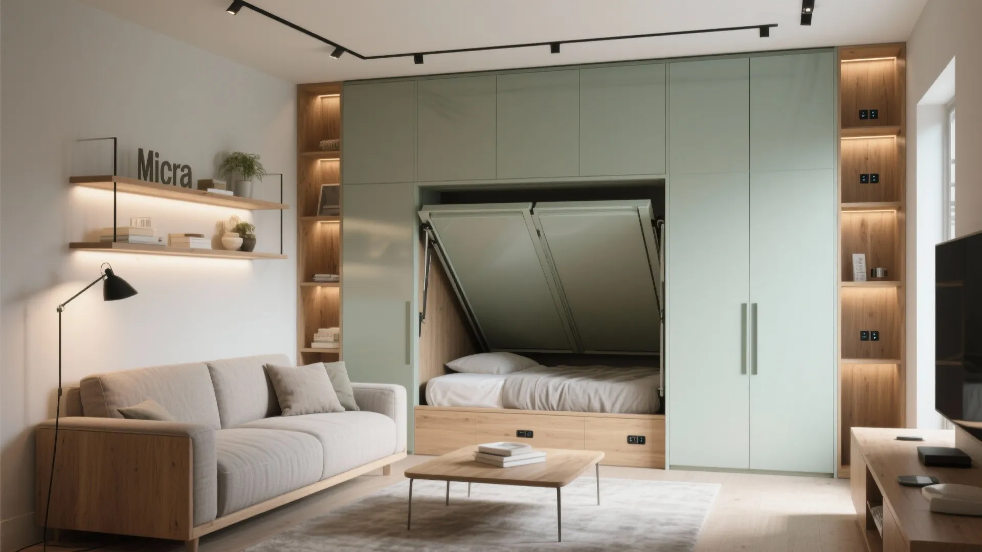 Modern living room featuring a grey sofa green cabinet with a hidden bed and light