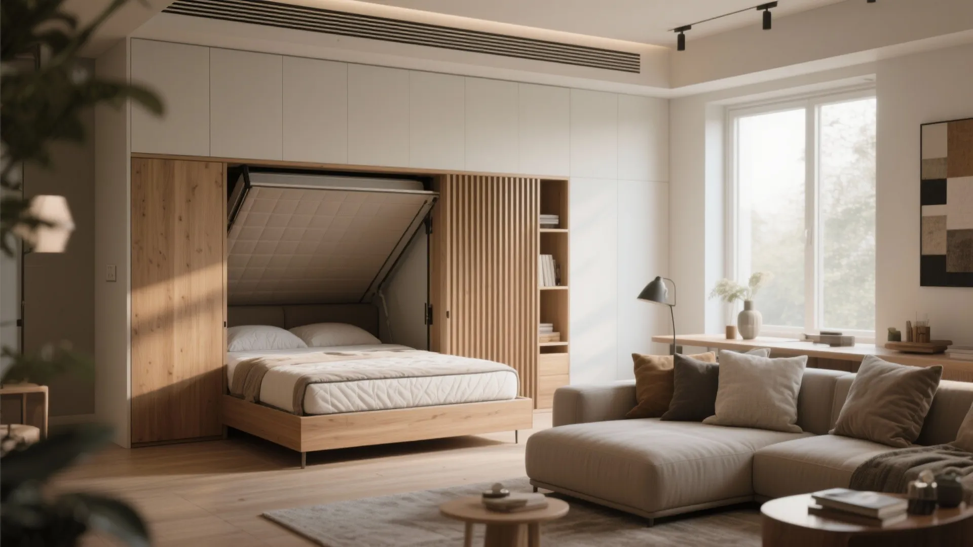 Living room with grey sofa and large white cabinet including a built in folding bed