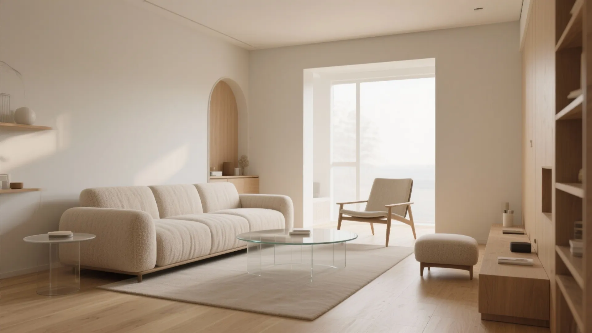 Minimalist living room with cream sofa glass coffee table armchair footrest wooden cabinet and bookshelf