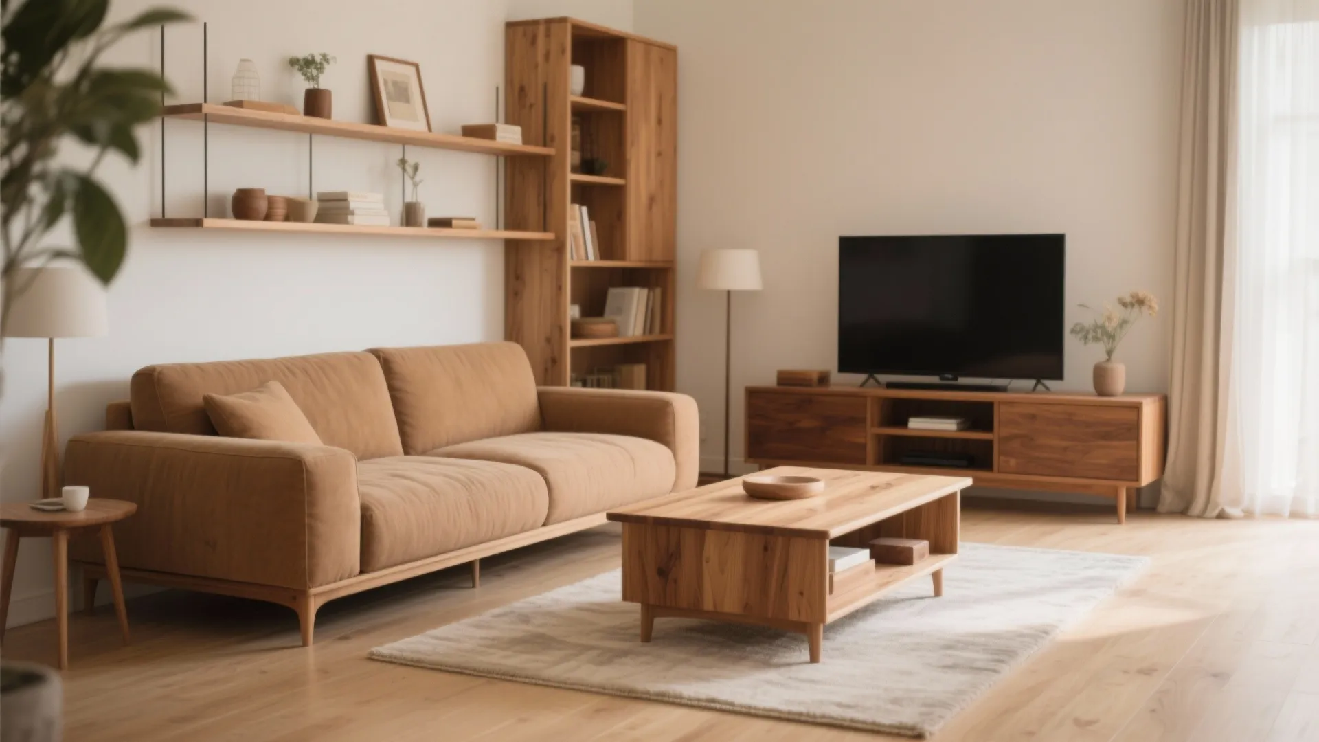 Warm living room interior design drawing with tan sofa wooden coffee table and television stand