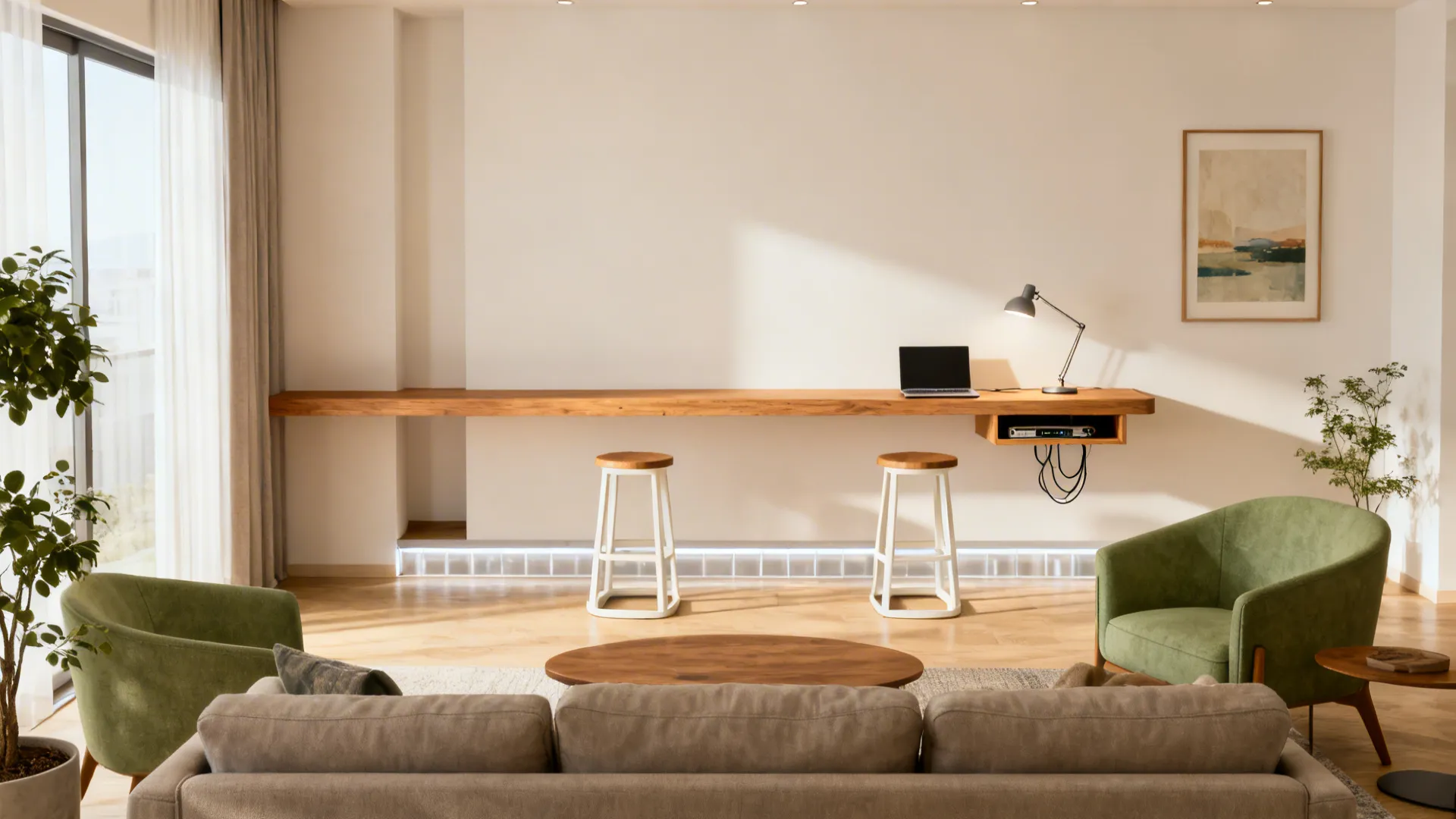 Sofa with a slim workbar and stools behind it, creating two zones in a 10x16 room.