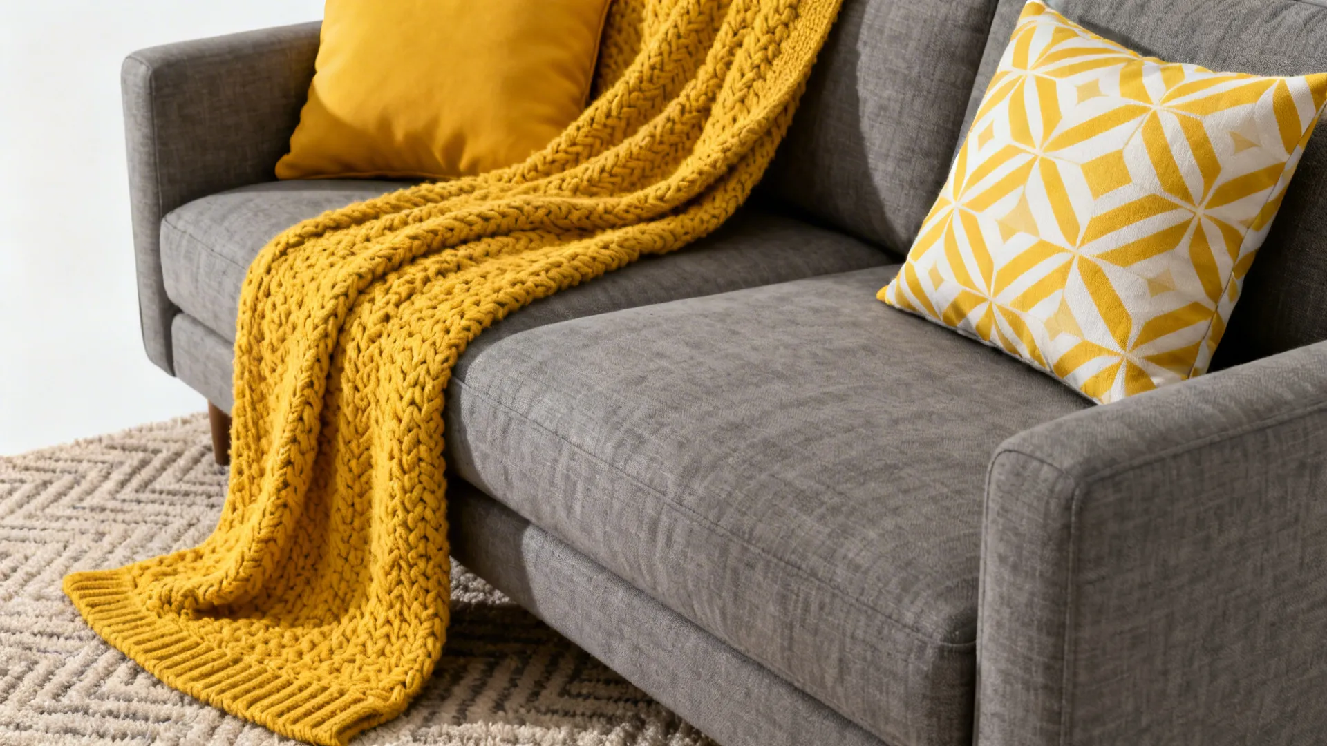 2. Grey Sofa + Yellow Textiles