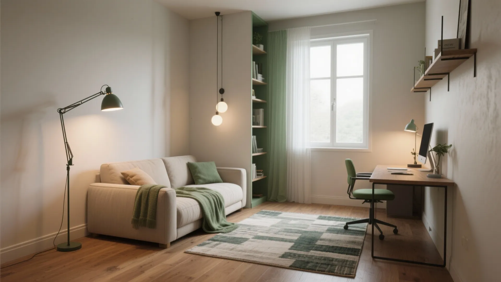 Small room layout with cream sofa green chair wooden desk bookshelf and natural light from windows