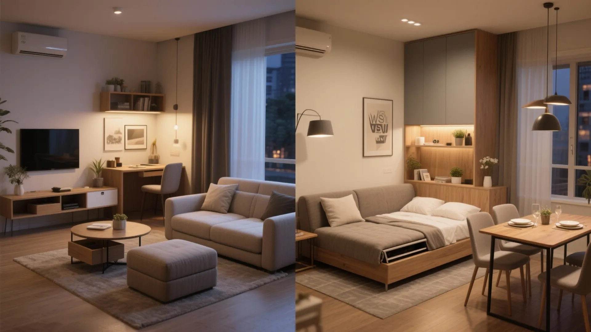 Multipurpose furniture: sofa-bed + nesting dining for weekday agility