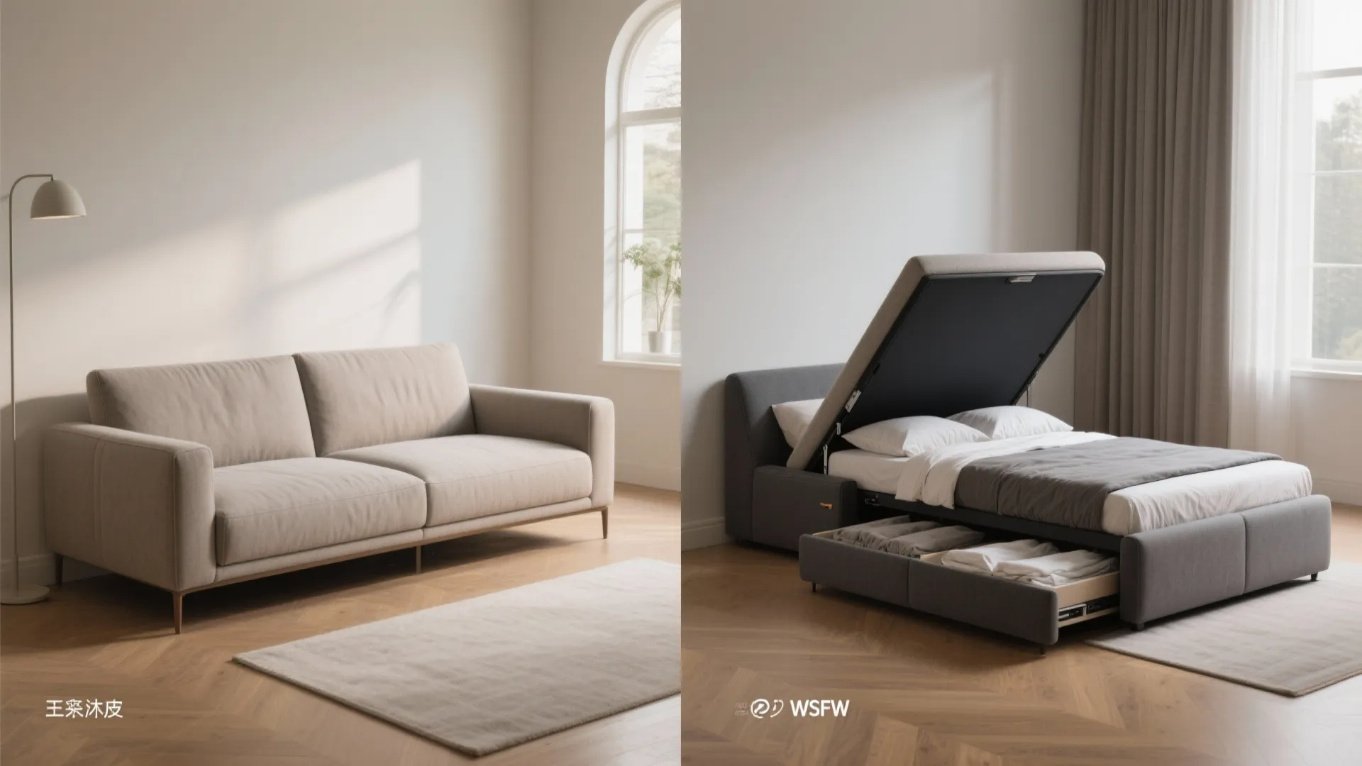 Before-and-after of a slim sofa bed: closed for day seating and unfolded at night, with a storage chaise holding bedding.