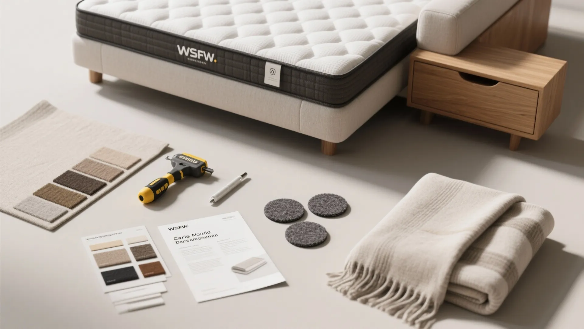 Modern white bed with mattress showing fabric samples tools and folded blanket in a room