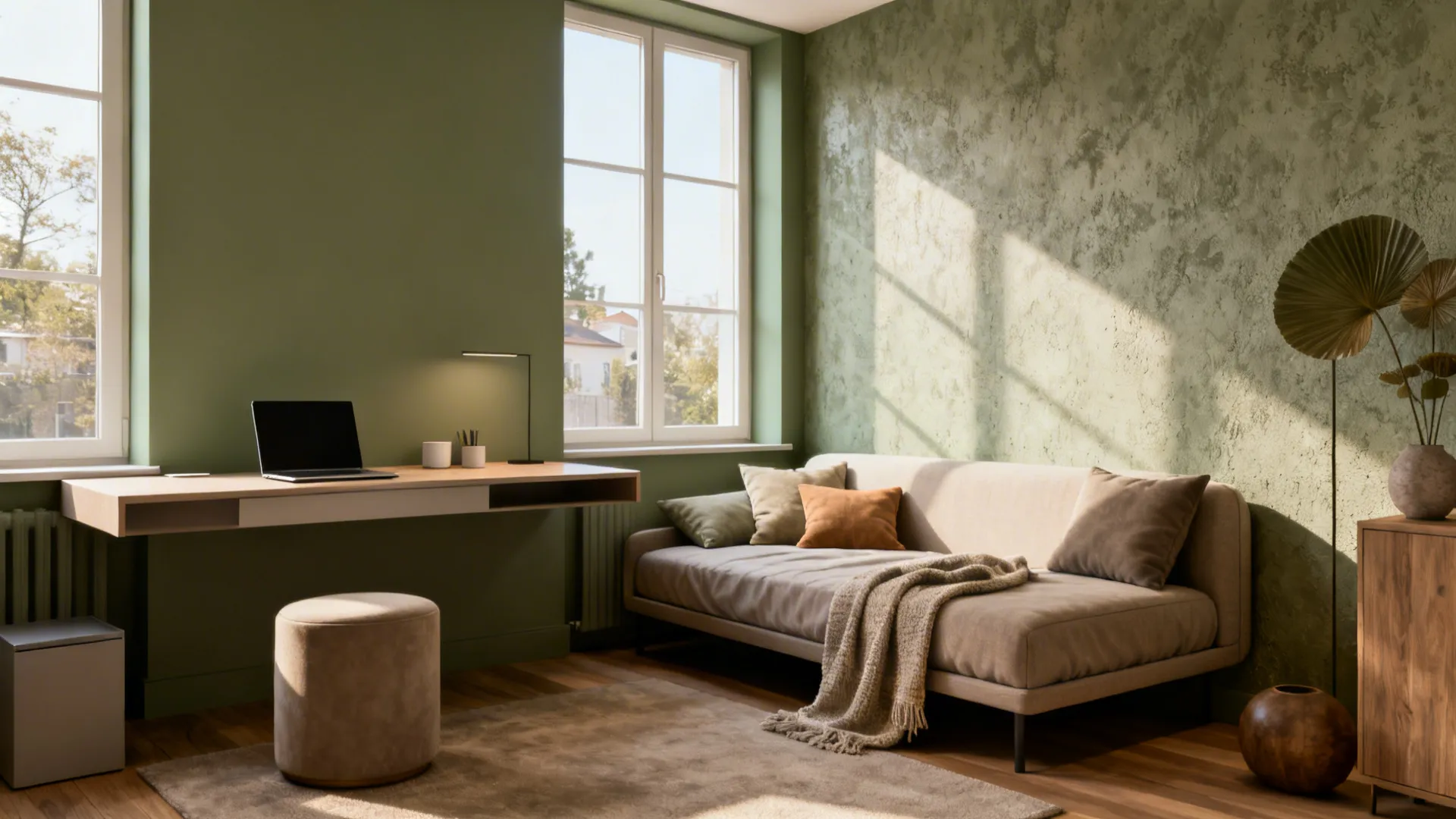 Green living room with beige sofa floating desk laptop footrest and natural light from windows