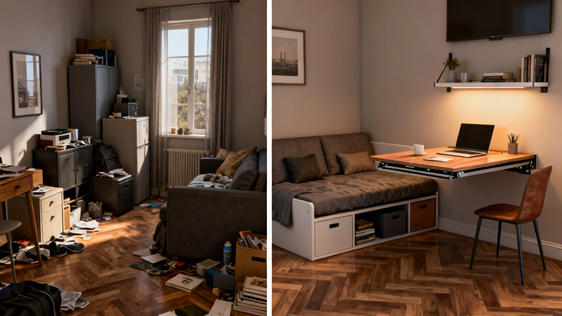 Before and after of a small room showing sofa-bed and fold-down table optimization