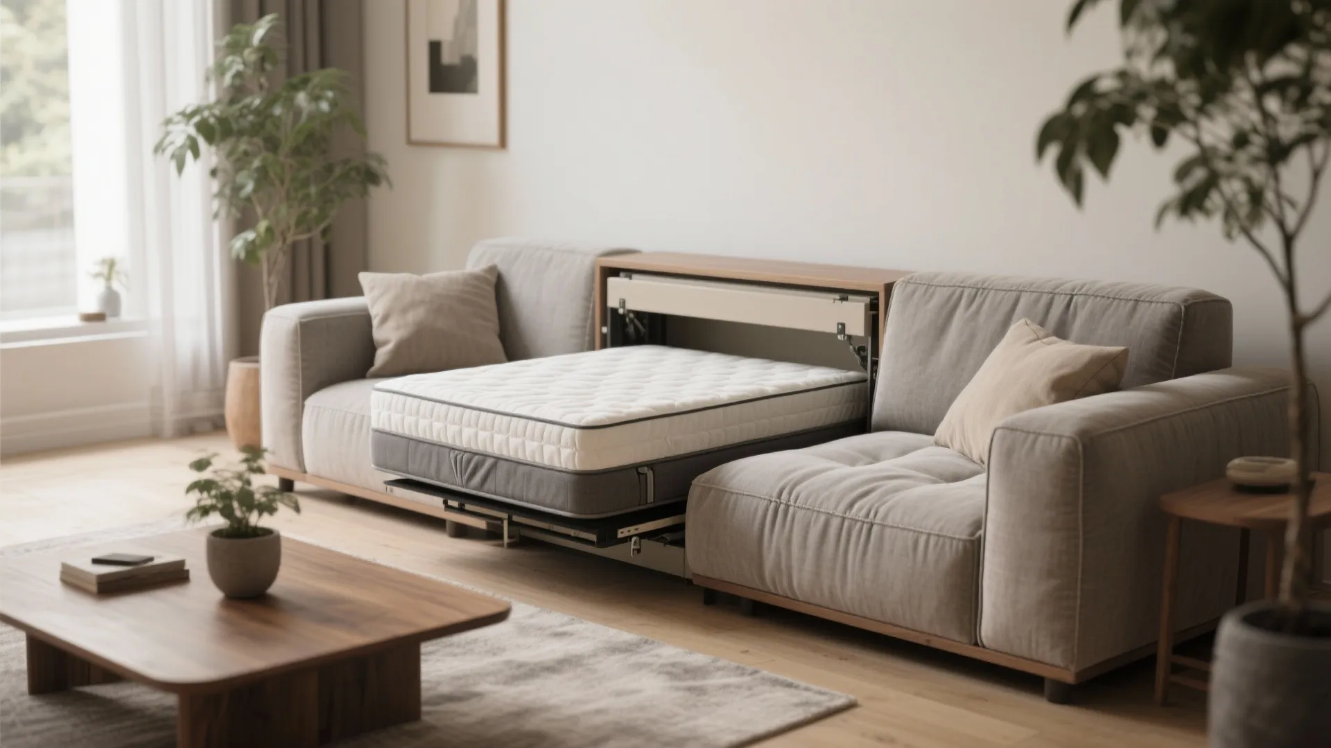 Modern grey sofa with a hidden pull out bed mattress inside a bright living room