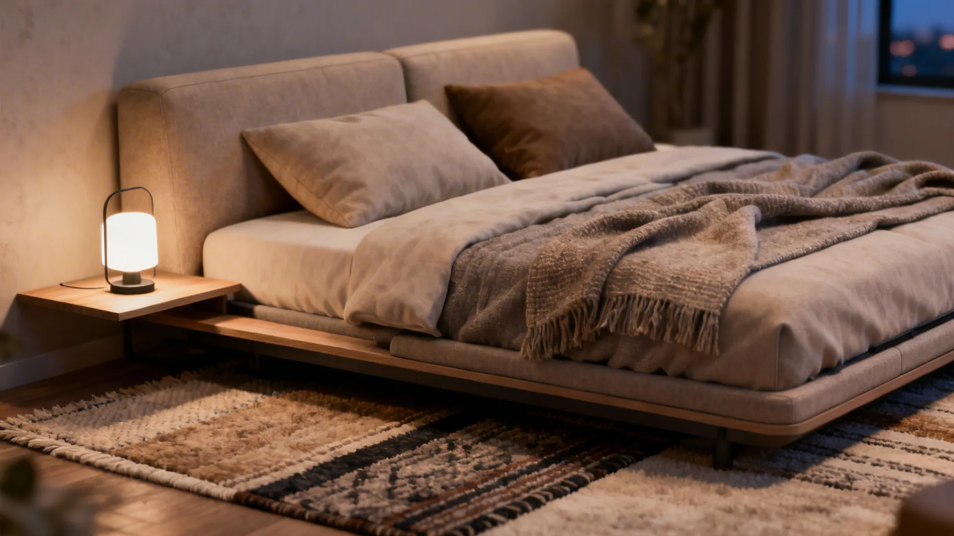 Convertible sofa bed with layered rugs, cushions and a bedside shelf used as a coffee table.