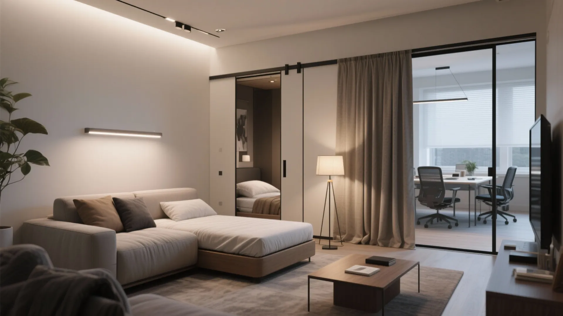 3. Sofa bed + sliding partitions — flexible daytime privacy