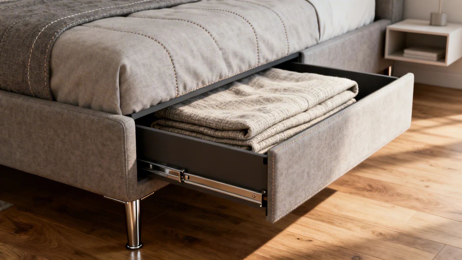 Close-up of a sofa-bed with hidden storage open showing folded bedding and wood floor