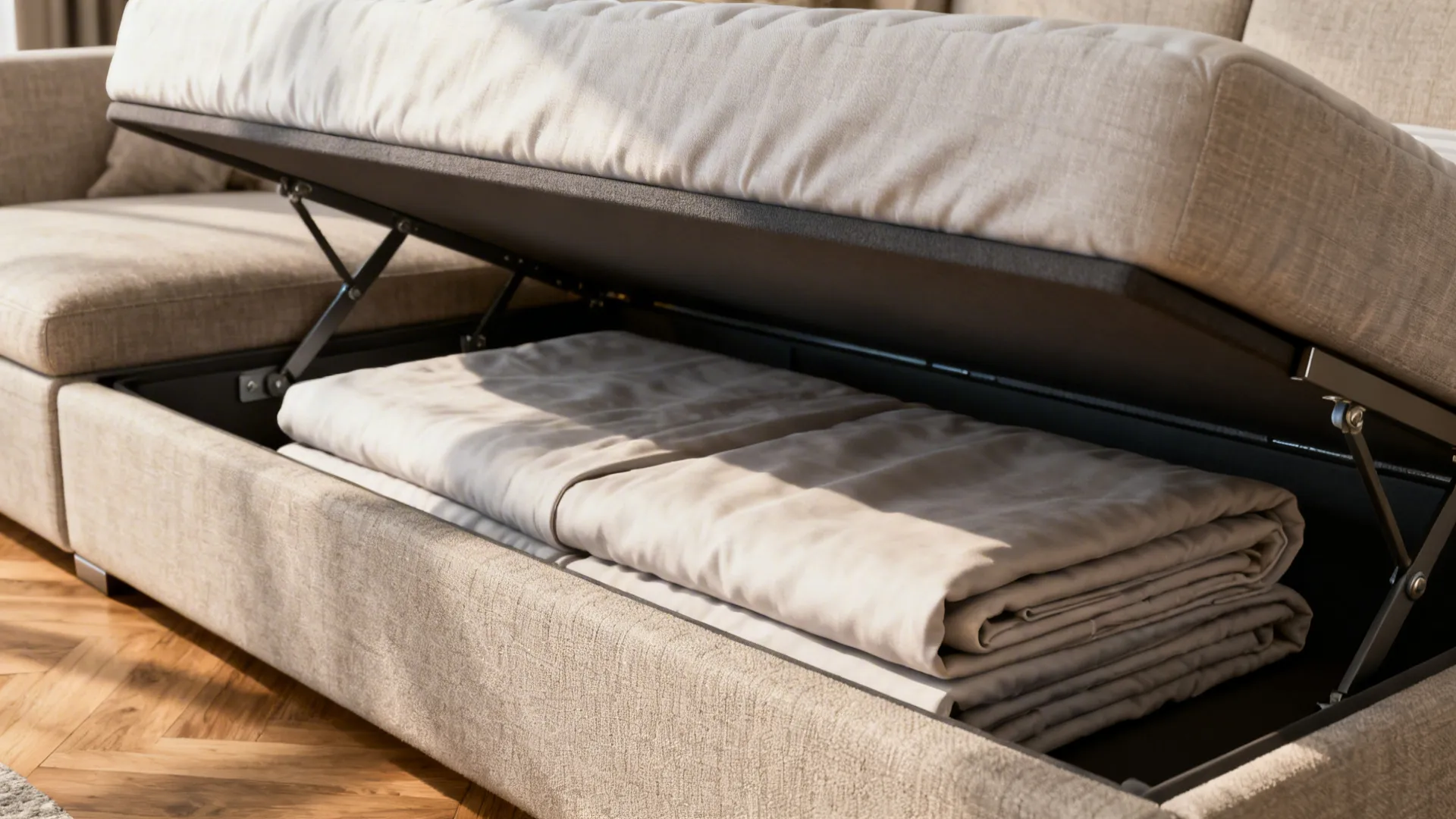 Close-up of a sofa-bed showing hidden storage and supportive mattress in a neutral living room