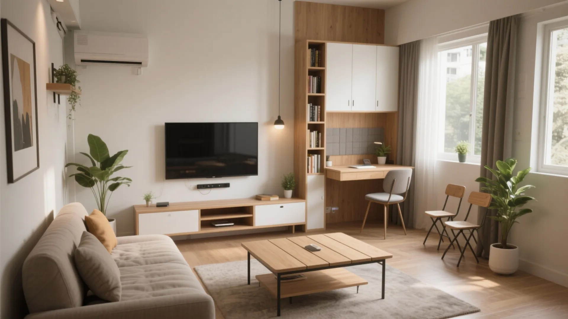 Multifunctional furniture: sofa-bed, fold-down dining, and a work nook